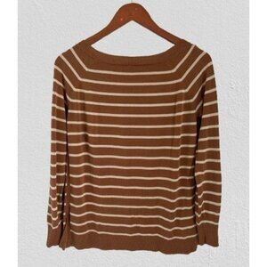 Lafayette 148 Brown & Cream Striped Long-Sleeve Sweater With Side Slits